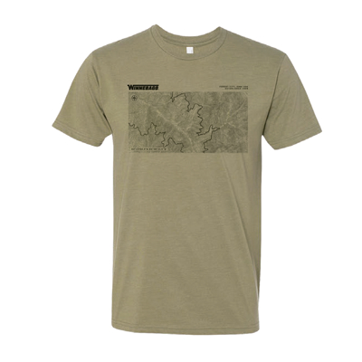 Image of a green and black topographic Winnebago tee