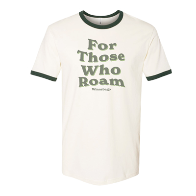 Image of a tan and green Winnebago tee that says 'for those who roam'