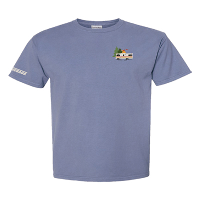 Image of a bluish gray Winnebago tee with a tiny camper on it
