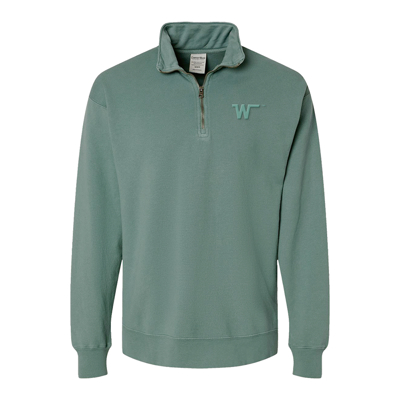 Image of a green quarter zip with the Winnebago W on the front left chest