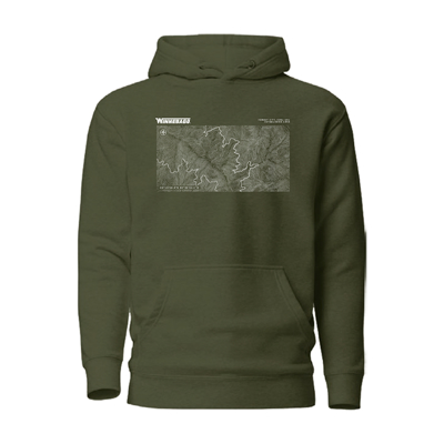 Image of a green hoodie with a white topographic design on the front