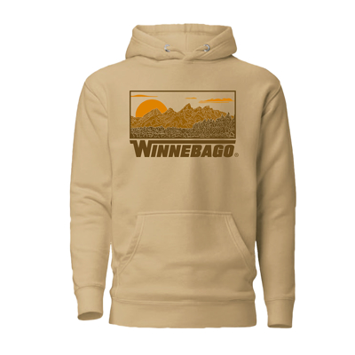 Image of a tan hoodie with a brown and orange landscape illustration on the front
