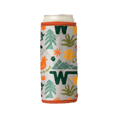 Image of a tall, slim puffer koozie with a colorful pattern