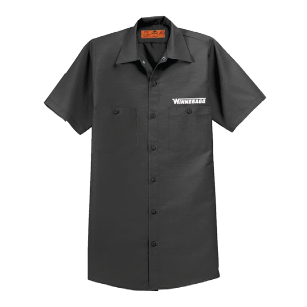 Image of a gray button down shirt with white Winnebago logo