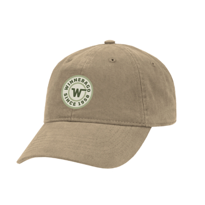 Image of a tan cap with Winnebago patch on front