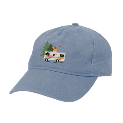 Image of a blue cap with colorful Winnebago design on front