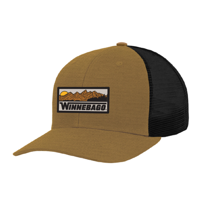 Image of a brown hat with black mesh back and Winnebago patch on front
