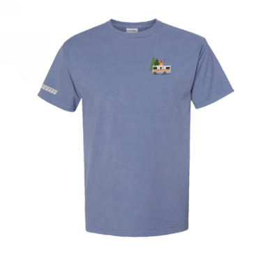 Image of a bluish gray Winnebago tee with a tiny camper on it