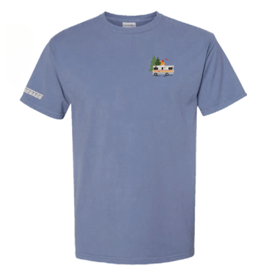 	Image of a bluish gray Winnebago tee with a tiny camper on it